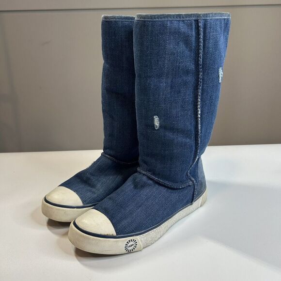 Ugg Boots Womens 5.5 Delaine Distressed Denim Tall Shearling Lined Winter Rare - Picture 2 of 7